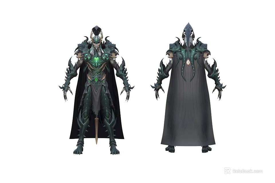 Game And Movie Characters With Intricate Green Black Armor And Long Capes 3d model 
