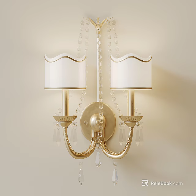 Elegant Golden Wall Sconce With White Lampshade And Crystal Accents 3d model 