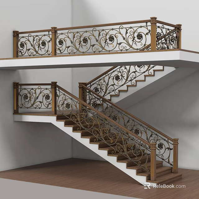 Elegant Two Story Staircase With Ornate Iron Railings And Wooden Steps 3d model 