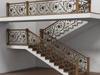 Elegant Two Story Staircase With Ornate Iron Railings And Wooden Steps 3d model