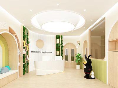 Kindergarten Interior Space With Reception Desk Green Plants Bright Lighting And Curved Decorations 3d model
