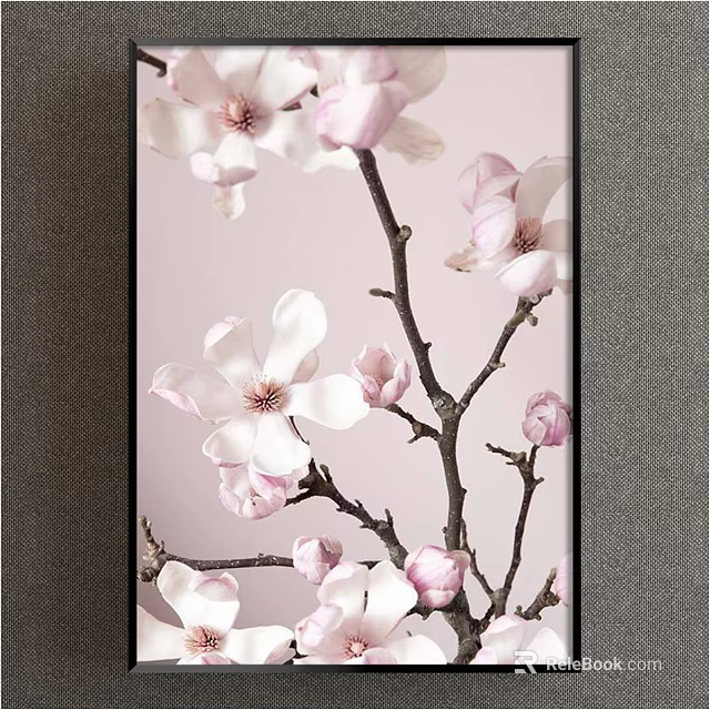 Elegant Pink Magnolia Flower Branches Botanical Painting Decorative Wall Artwork 3d model 