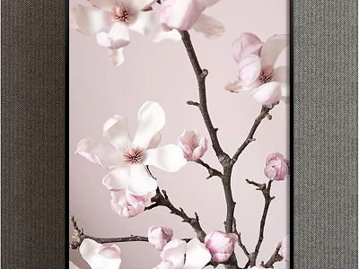 Elegant Pink Magnolia Flower Branches Botanical Painting Decorative Wall Artwork 3d model