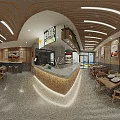 Modern Restaurant Interior With Wooden Ceiling Linear Lights Dining Tables Counter And Green Plants