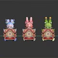 Cute Cartoon Character Figurines With Purple Pink Green Hairs And Geometric Patterned Boxes