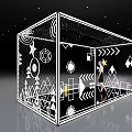 Geometric Art Installation With Stars Circles Triangles Arrows And Woman Standing