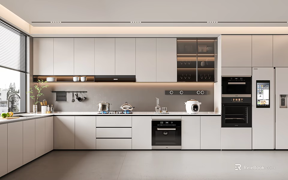 Modern Kitchen Interior Design With White Cabinets Sleek Countertop And Appliances 3d model 