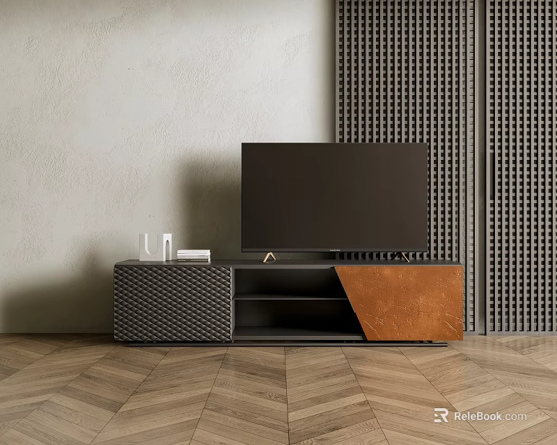 Modern TV Stand With Woven Design And Metal Panel On Wooden Floor With Decorative Wall 3d model 