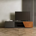 Modern TV Stand With Woven Design And Metal Panel On Wooden Floor With Decorative Wall