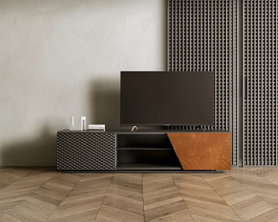 Modern TV Stand With Woven Design And Metal Panel On Wooden Floor With Decorative Wall 3d model