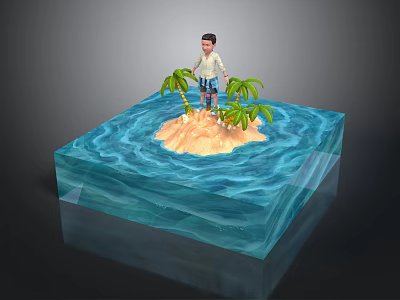 Small Island With Palm Trees And Person Surrounded By Blue Water 3d model