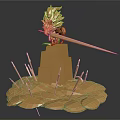 Golden Lion Head Sculpture With Long Sword On Layered Pedestal And Spikes