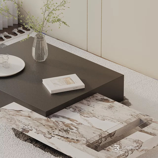 Modern Sofa Coffee Table Set With Marble Accent Vase Plants Book And Plate 3d model 