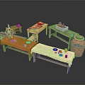 Vintage Rustic Wooden Dining Tables With Linen Tablecloths And Ceramic Jar Decorations
