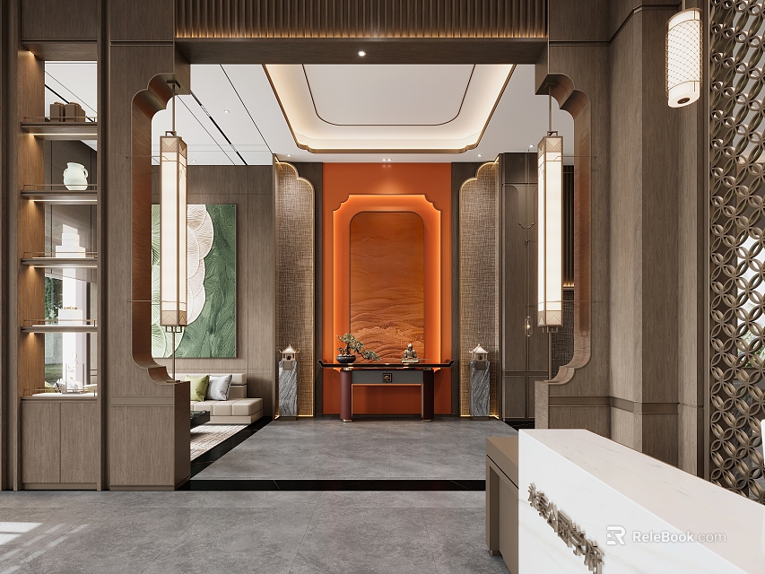 Modern Chinese Style Sales Office Interior With Wooden Screen Pendant Lights And Reception Desk 3d model 