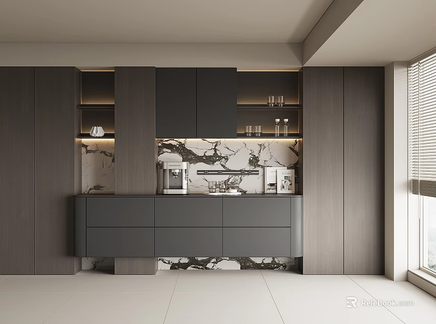 Modern Gray Sideboard With Marble Countertop LED Lighting And Storage In Kitchen 3d model 