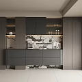 Modern Gray Sideboard With Marble Countertop LED Lighting And Storage In Kitchen