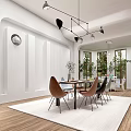 Modern Restaurant Interior Design With Dining Table Colorful Chairs Pendant Lights And Indoor Plant