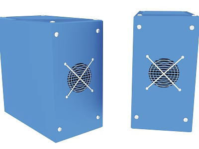 Two Blue Rectangular PC Cases With Circular Ventilation Grilles And Cross Patterns 3d model