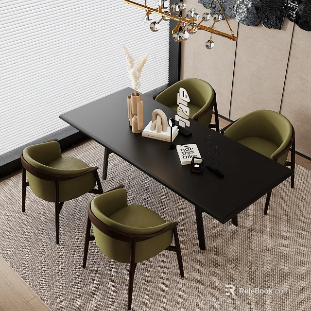 Sleek Modern Dining Table Set With Black Table Green Chairs And Decor Accents 3d model 