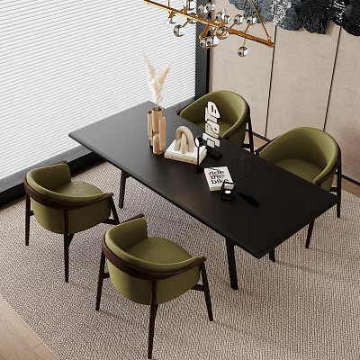 Sleek Modern Dining Table Set With Black Table Green Chairs And Decor Accents 3d model