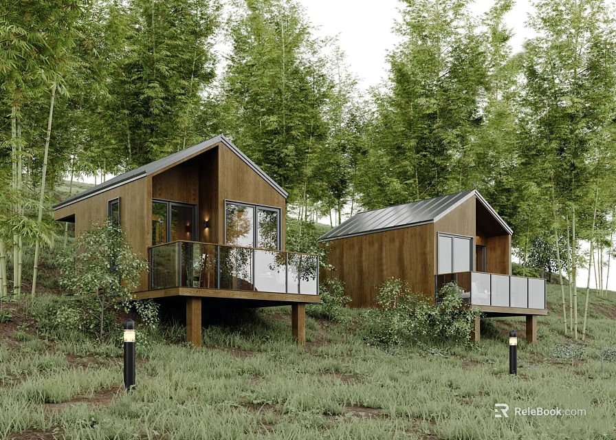 Two Wooden Cottages in Bamboo Forest with Terrace and Grassy Surroundings 3d model 