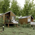 Two Wooden Cottages in Bamboo Forest with Terrace and Grassy Surroundings