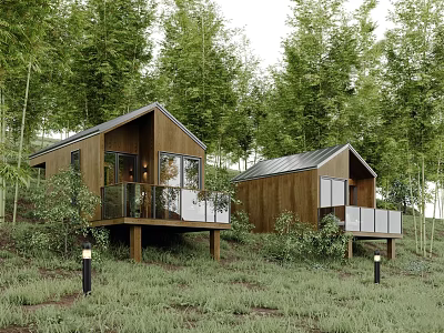 Two Wooden Cottages in Bamboo Forest with Terrace and Grassy Surroundings 3d model