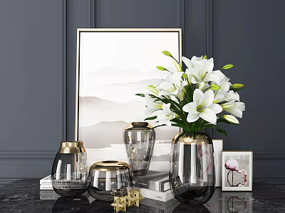 Elegant Decorative Ornament Set With Golden Framed Painting White Lilies And Glass Vases 3d model