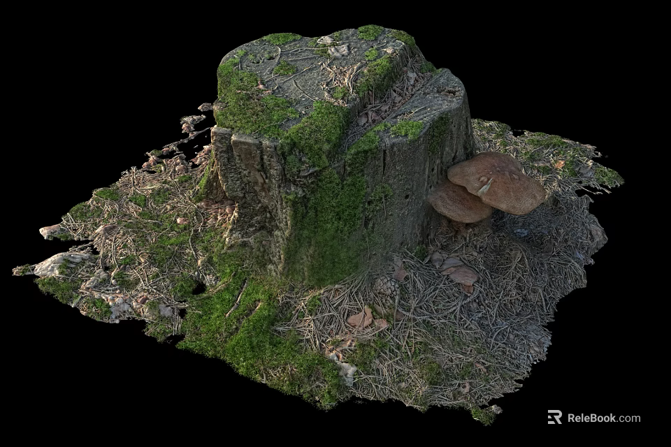 Natural Stone Wood Tree Stump Covered With Green Moss And Wild Mushrooms On Forest Floor 3d model 