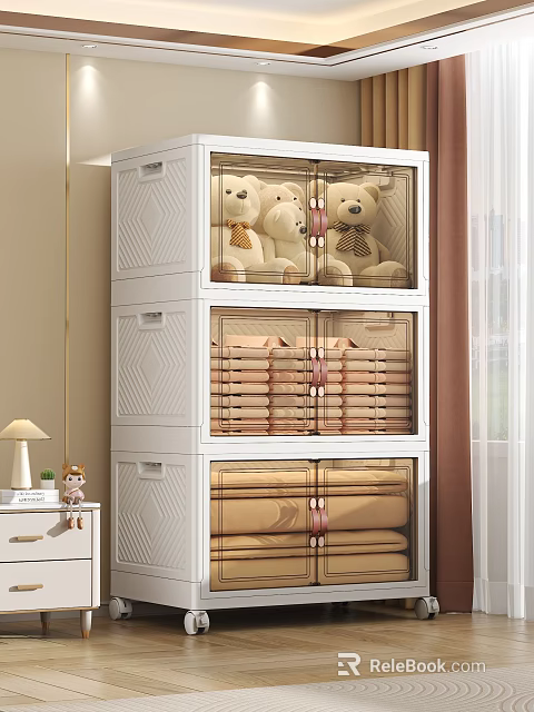 Home Bedroom Storage Cabinet Rack With Transparent Drawers Holding Teddy Bears And Folded Clothes 3d model 