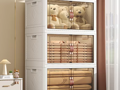 Home Bedroom Storage Cabinet Rack With Transparent Drawers Holding Teddy Bears And Folded Clothes 3d model