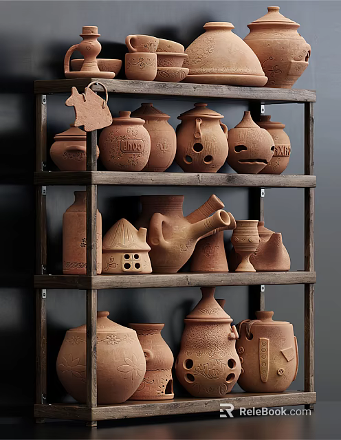Traditional Handcrafted Ceramic Vessels Displayed on Wooden Shelves in Artisan Studio 3d model 