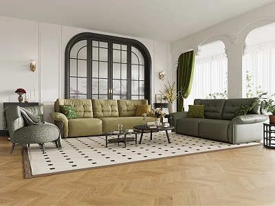 Beige And Green Sofa Set In Elegant Living Room With Arched Window And Herringbone Floor 3d model