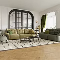 Beige And Green Sofa Set In Elegant Living Room With Arched Window And Herringbone Floor