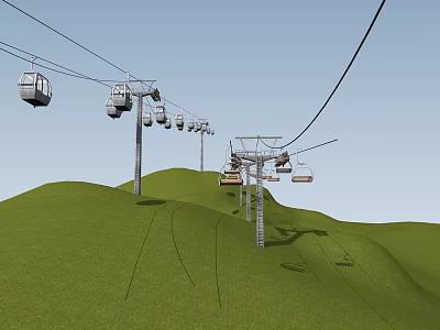 Scenic Cable Cars Moving Over Green Hills With Steel Supports And Clear Sky 3d model