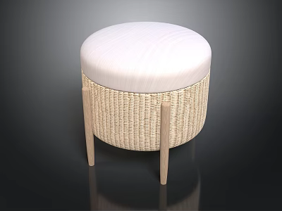 Round Rattan Stool with White Padded Seat and Wooden Legs Design 3d model