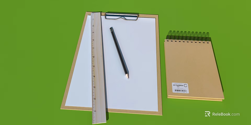 Office Supplies Including Clipboard Ruler Pencil And Spiral Notebook On Green Background 3d model 