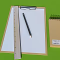 Office Supplies Including Clipboard Ruler Pencil And Spiral Notebook On Green Background