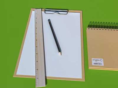 Office Supplies Including Clipboard Ruler Pencil And Spiral Notebook On Green Background 3d model