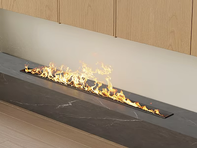 Modern Sleek Built-in Fireplace With Burning Flames Under Light Wooden Cabinets And Dark Marble Countertop 3d model