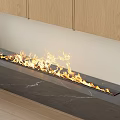 Modern Sleek Built-in Fireplace With Burning Flames Under Light Wooden Cabinets And Dark Marble Countertop