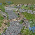 Scenic Garden Landscape With Stone Path Lush Green Plants Blue Flowers And Gravel