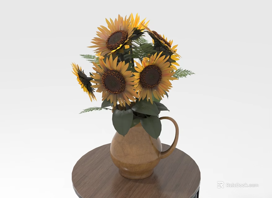 Blooming Sunflowers with Green Leaves Arranged in Terracotta Vase on Round Wooden Table 3d model 