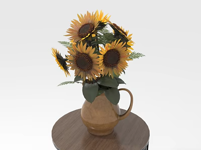 Blooming Sunflowers with Green Leaves Arranged in Terracotta Vase on Round Wooden Table 3d model
