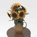 Blooming Sunflowers with Green Leaves Arranged in Terracotta Vase on Round Wooden Table