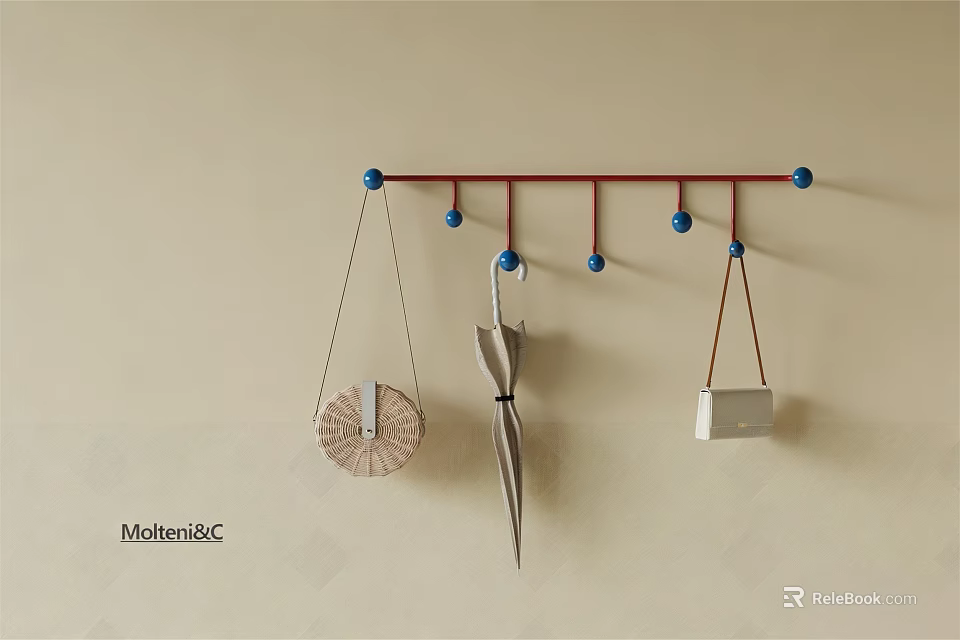 Stylish Wall Hook with Red Bar and Blue Spherical Decorations Hanging Umbrella and Bags 3d model 