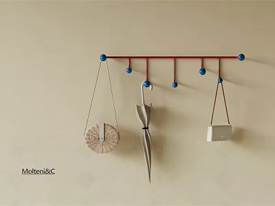 Stylish Wall Hook with Red Bar and Blue Spherical Decorations Hanging Umbrella and Bags 3d model