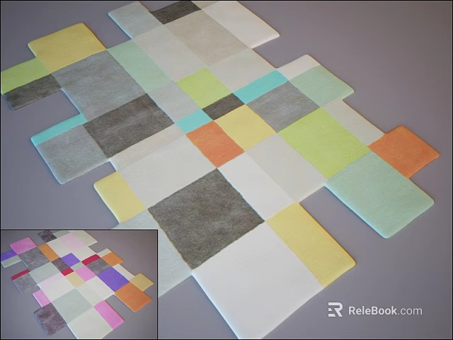Modern Square Carpet With Geometric Patchwork Design In Yellow Green Gray Orange And White 3d model 