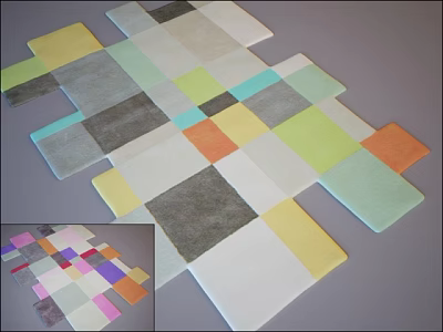 Modern Square Carpet With Geometric Patchwork Design In Yellow Green Gray Orange And White 3d model